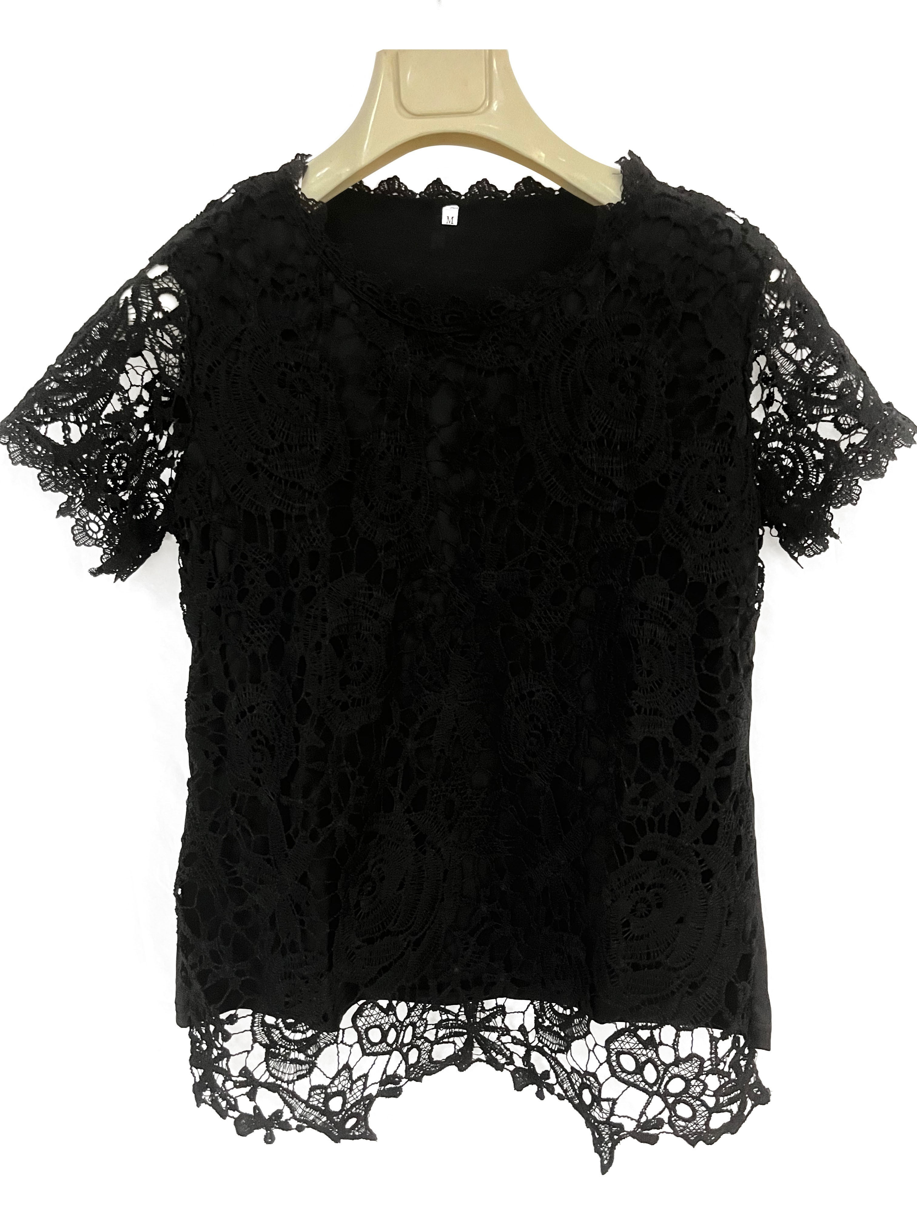 lace crew neck t shirt elegant short sleeve t shirt for spring summer womens clothing details 4