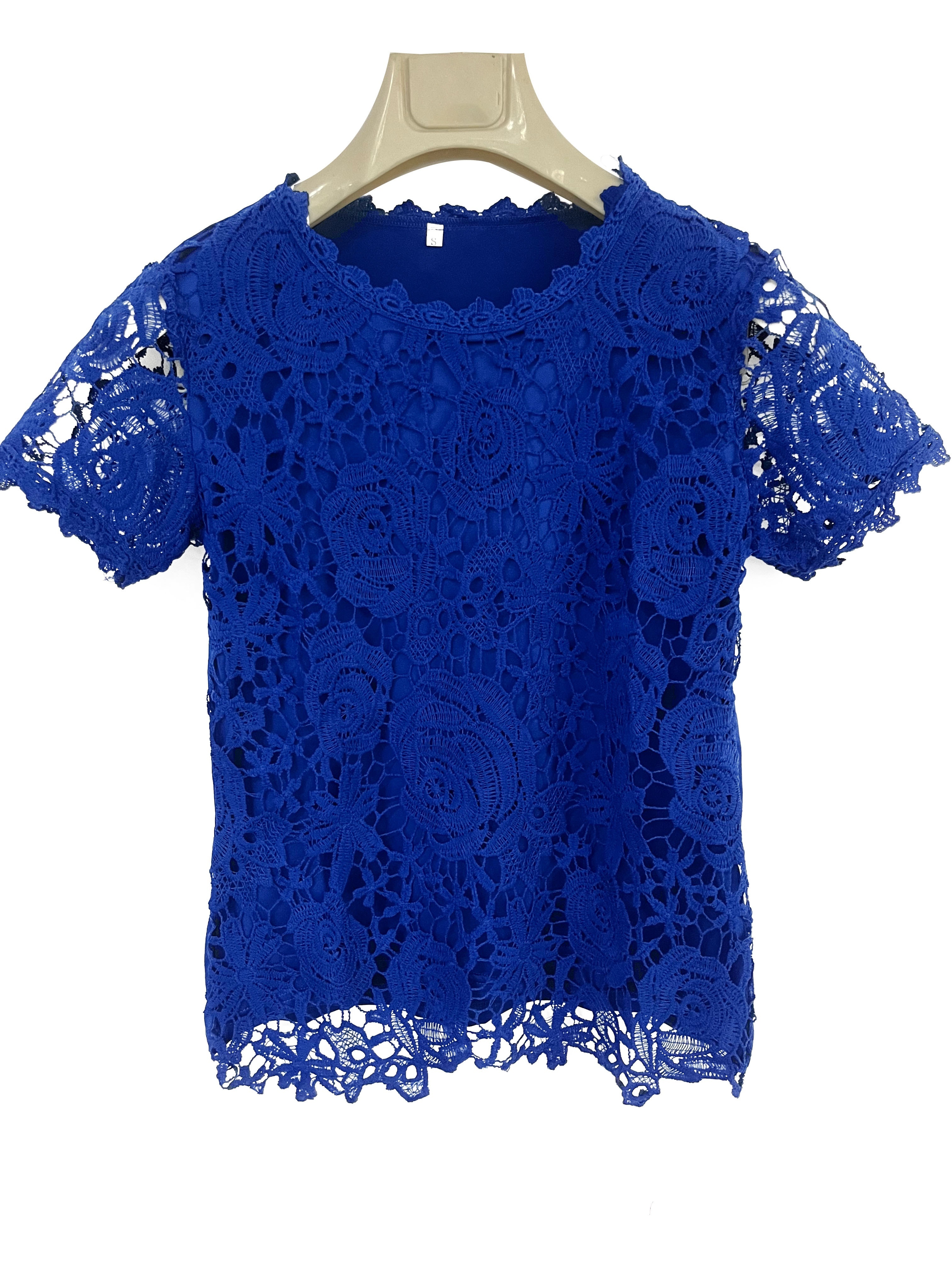 lace crew neck t shirt elegant short sleeve t shirt for spring summer womens clothing details 8