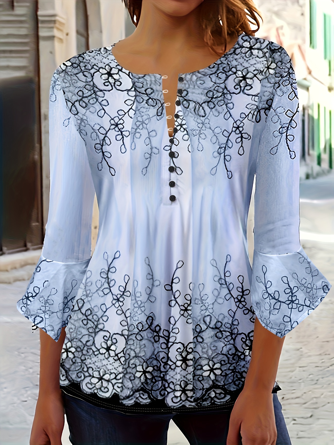 floral print button blouse casual ruffle trim half sleeve blouse womens clothing details 7