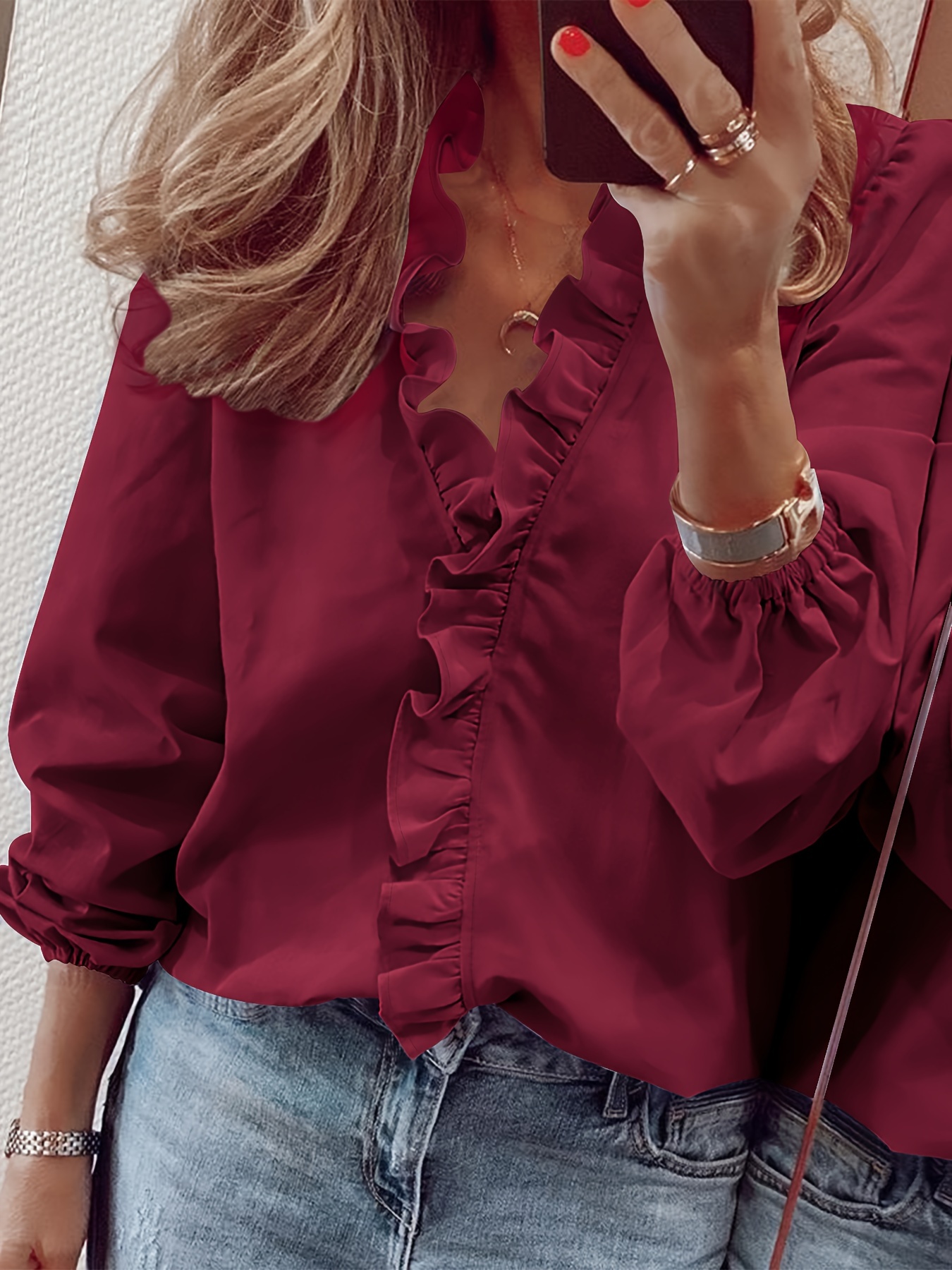 ruffled trim v neck shirt elegant loose long sleeve shirt womens clothing details 34