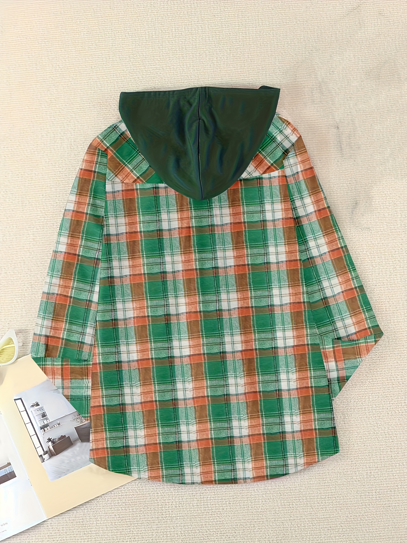 plaid print hooded shirt casual long sleeve drawstring shirt womens clothing details 1