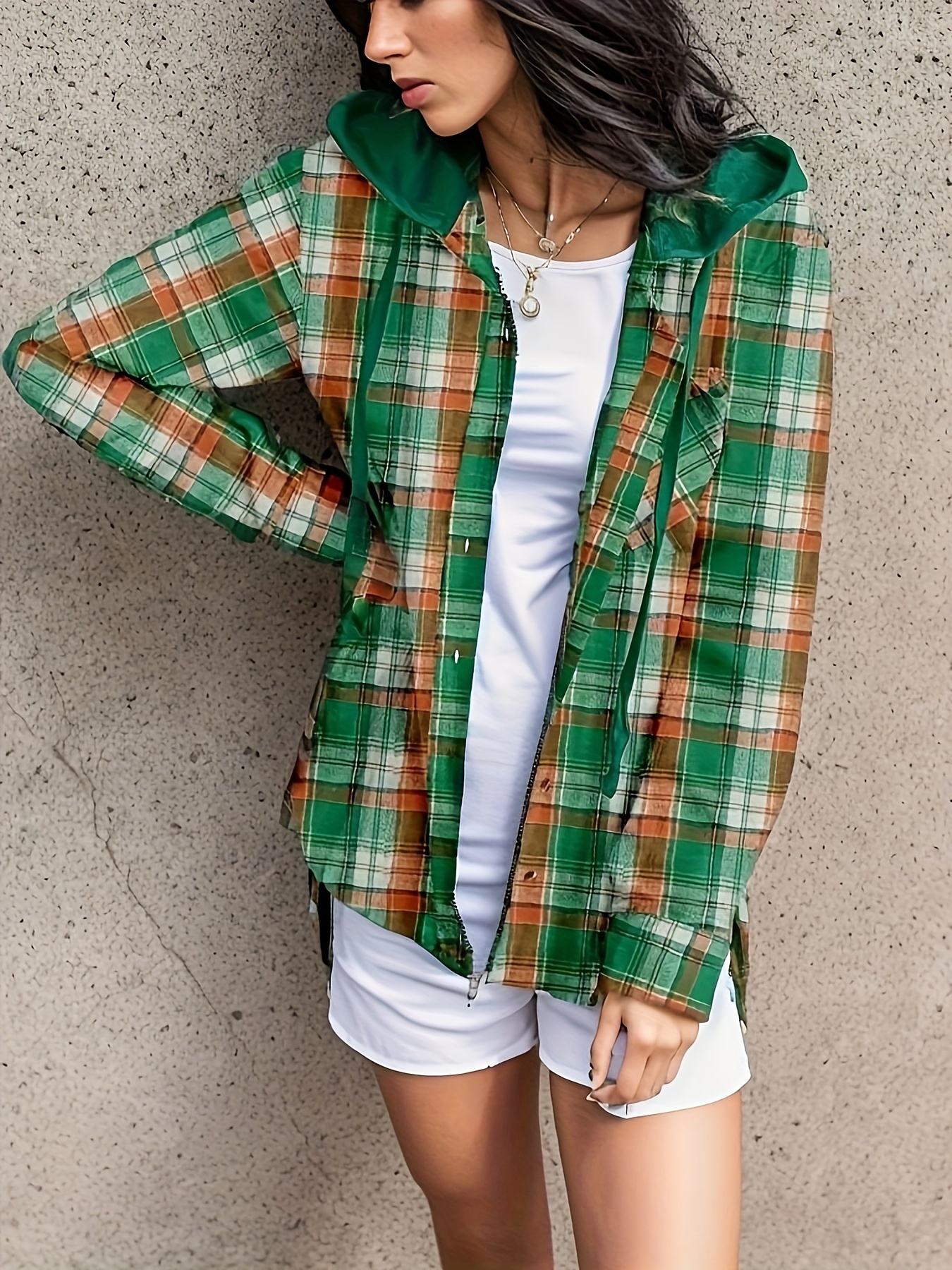 hooded plaid print blouse casual button front drawstring long sleeve blouse womens clothing details 8