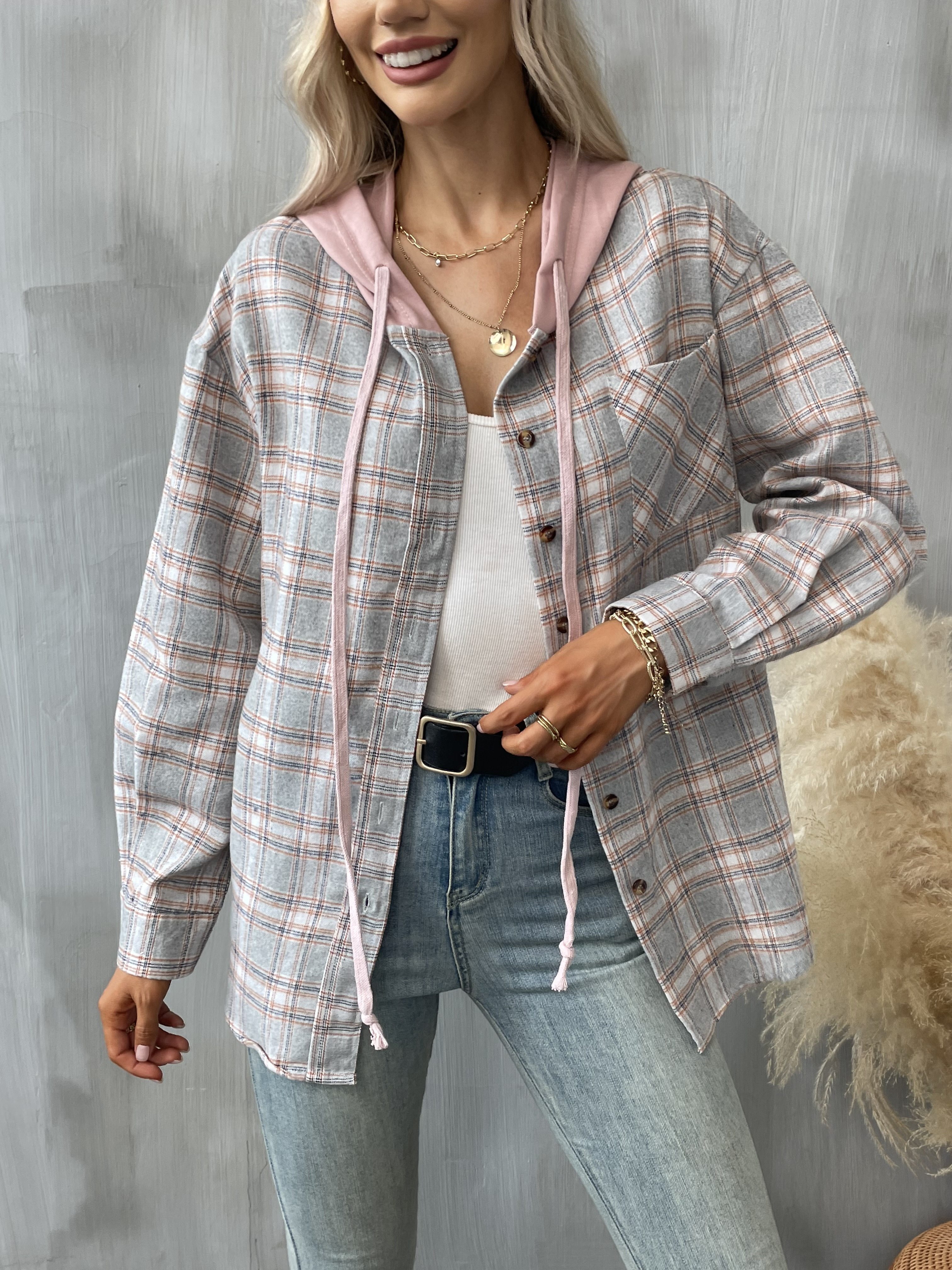 hooded plaid print blouse casual button front drawstring long sleeve blouse womens clothing details 15