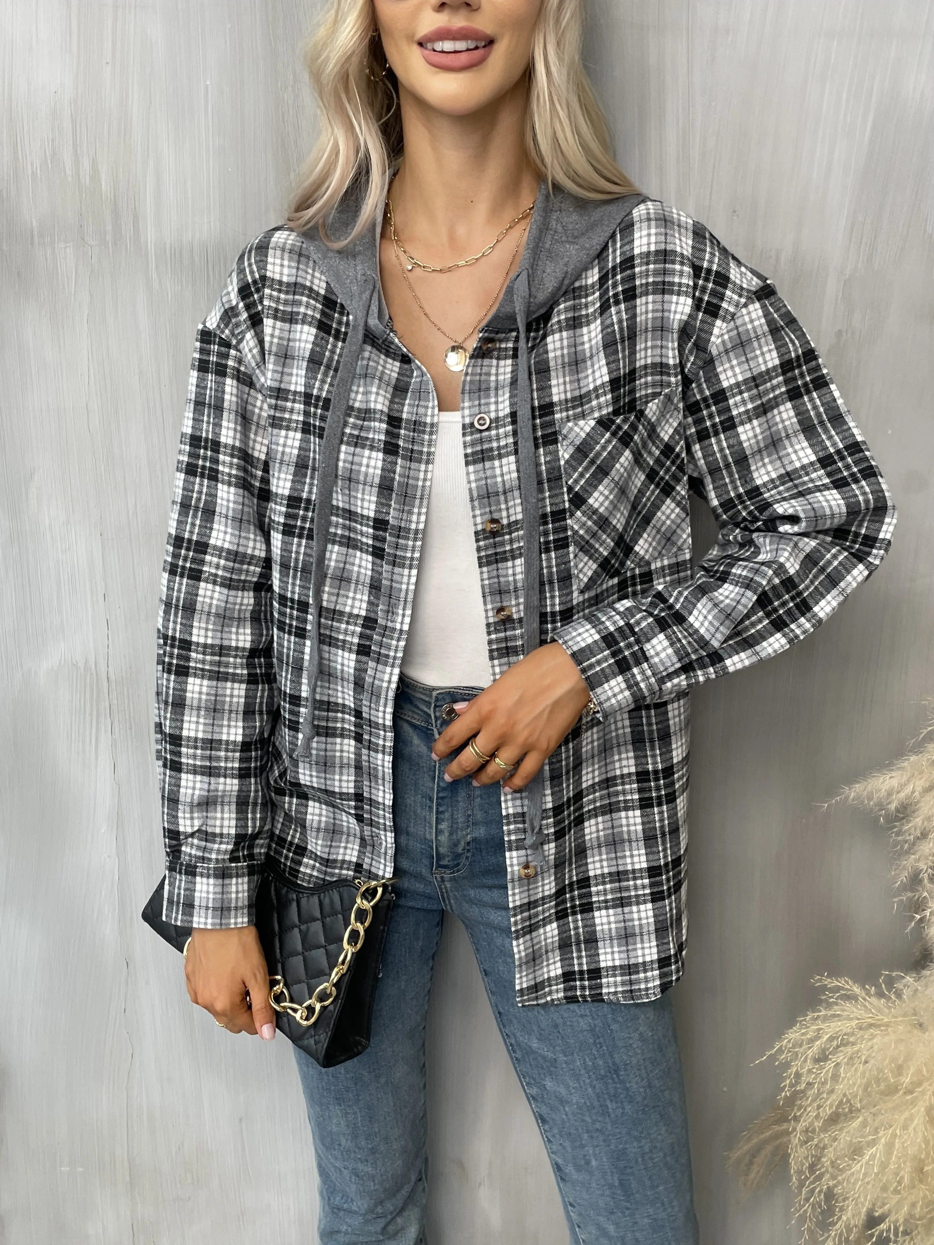 hooded plaid print blouse casual button front drawstring long sleeve blouse womens clothing details 22