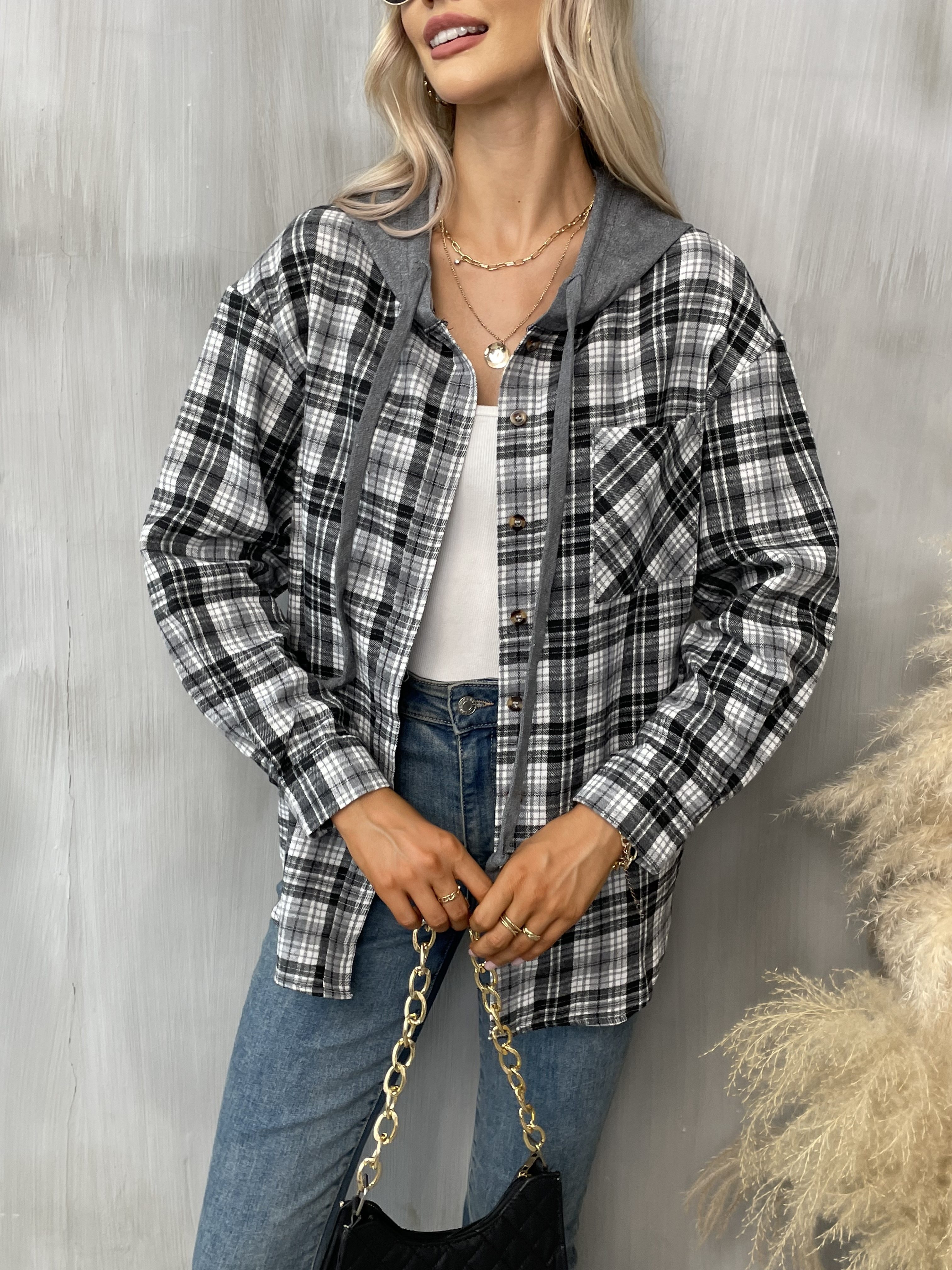 hooded plaid print blouse casual button front drawstring long sleeve blouse womens clothing details 25