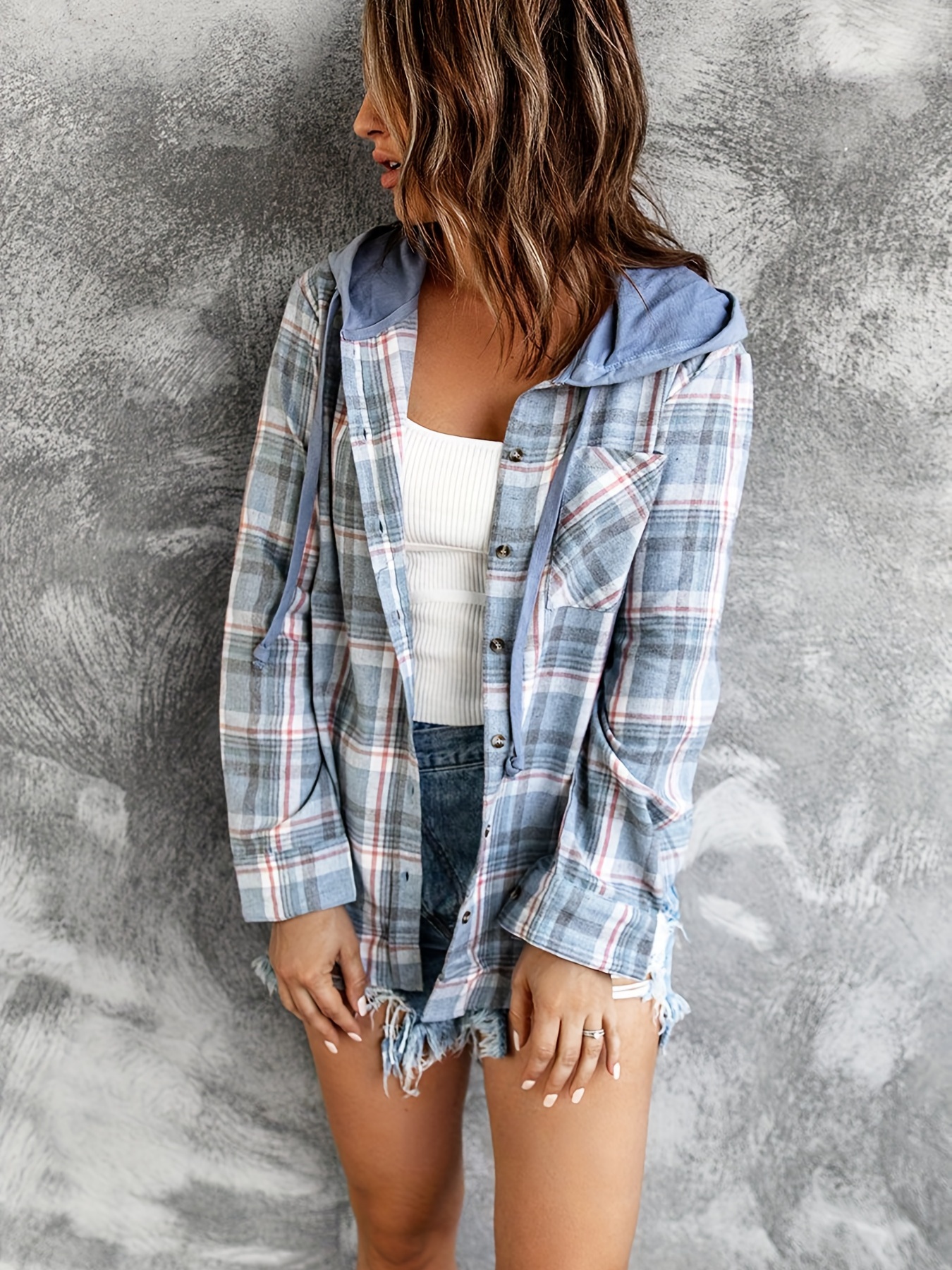 hooded plaid print blouse casual button front drawstring long sleeve blouse womens clothing details 36