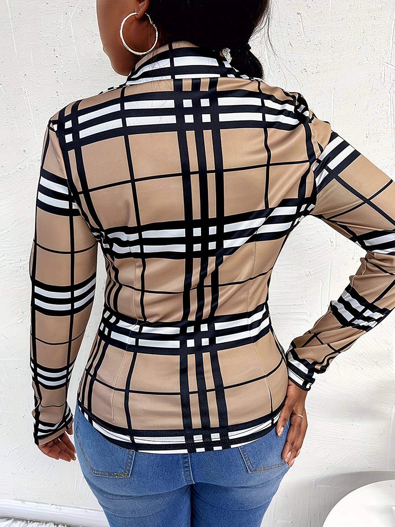 gingham long sleeve casual business shirts laid pockets coat button down blouse elegant stylish tops for office work womens clothing details 0