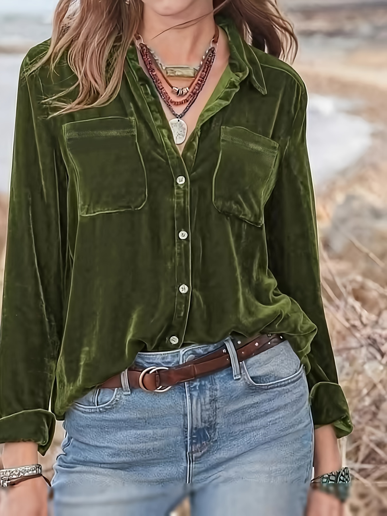 solid patched pockets velvet shirt vintage long sleeve shirt for spring fall womens clothing details 2