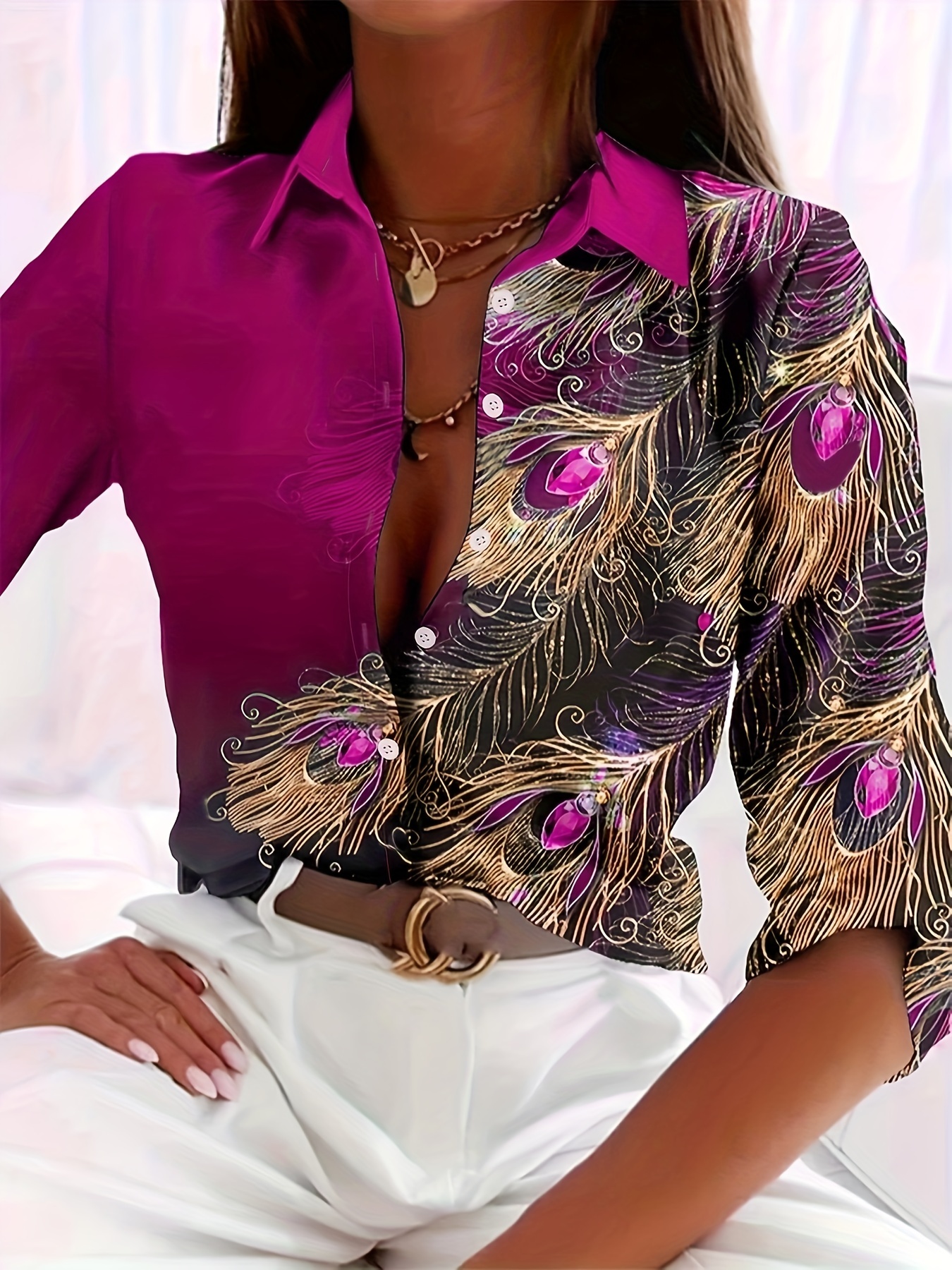 peacock feather print shirt, peacock feather print shirt long sleeve button up casual top for fall spring womens clothing details 0