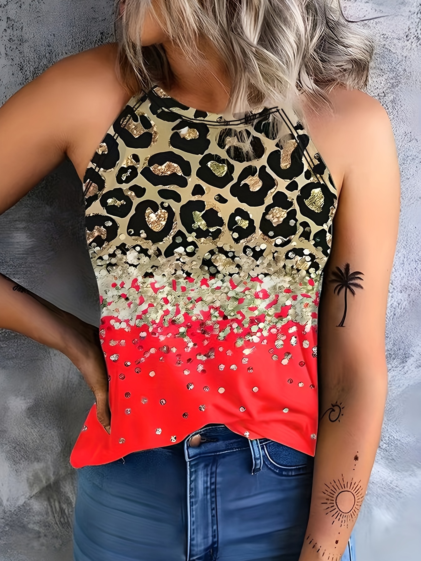 leopard print halter tank top casual sleeveless tank top for summer womens clothing details 7