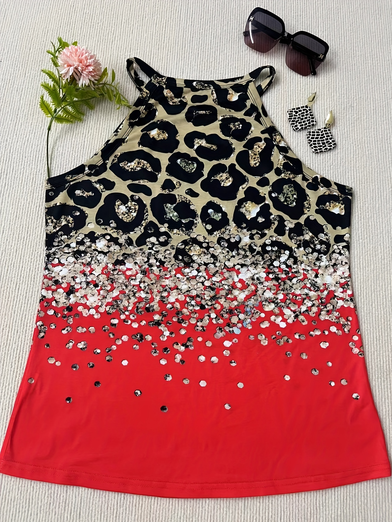 leopard print halter tank top casual sleeveless tank top for summer womens clothing details 11