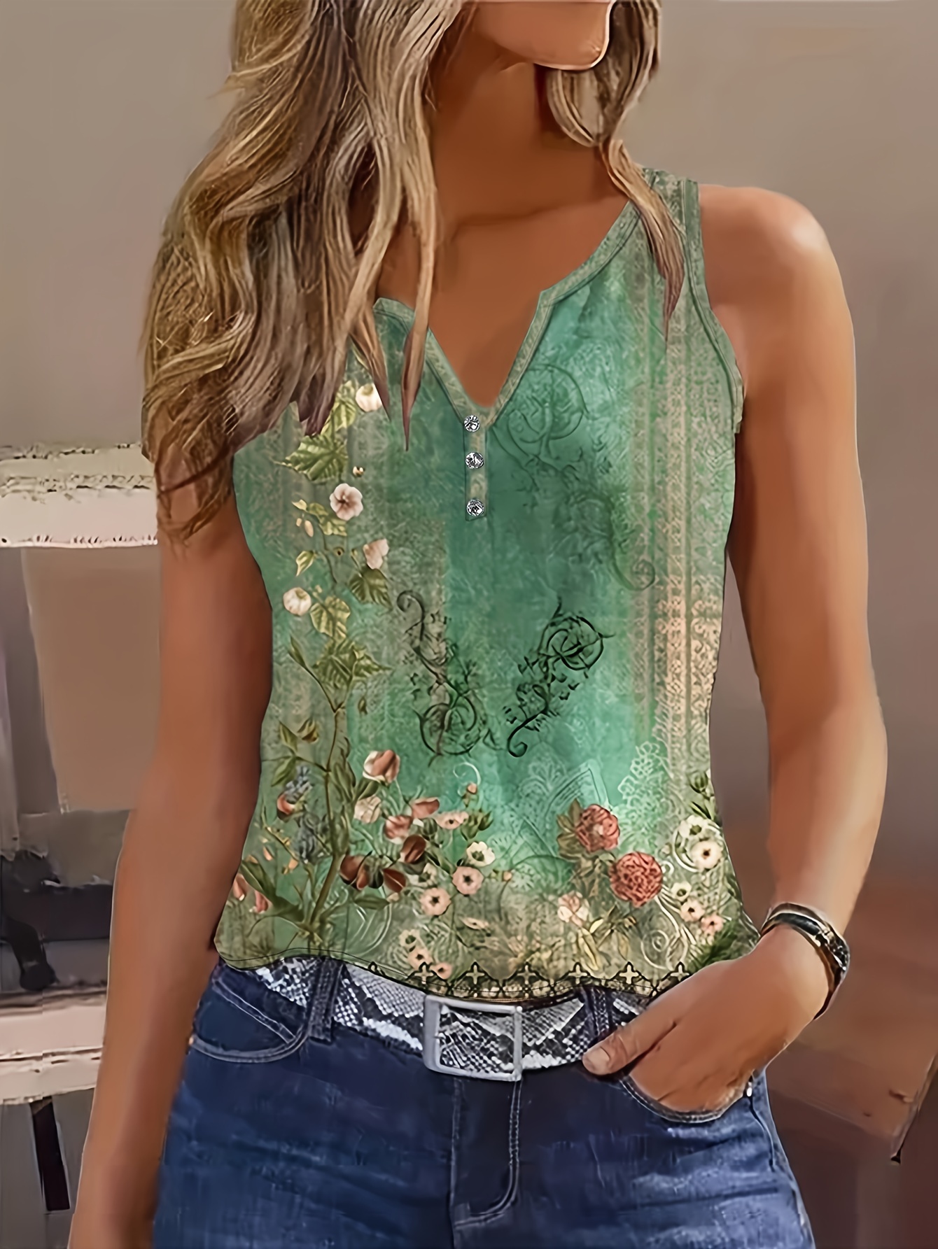 floral print tank top vintage summer notched neck sleeveless top womens clothing details 10