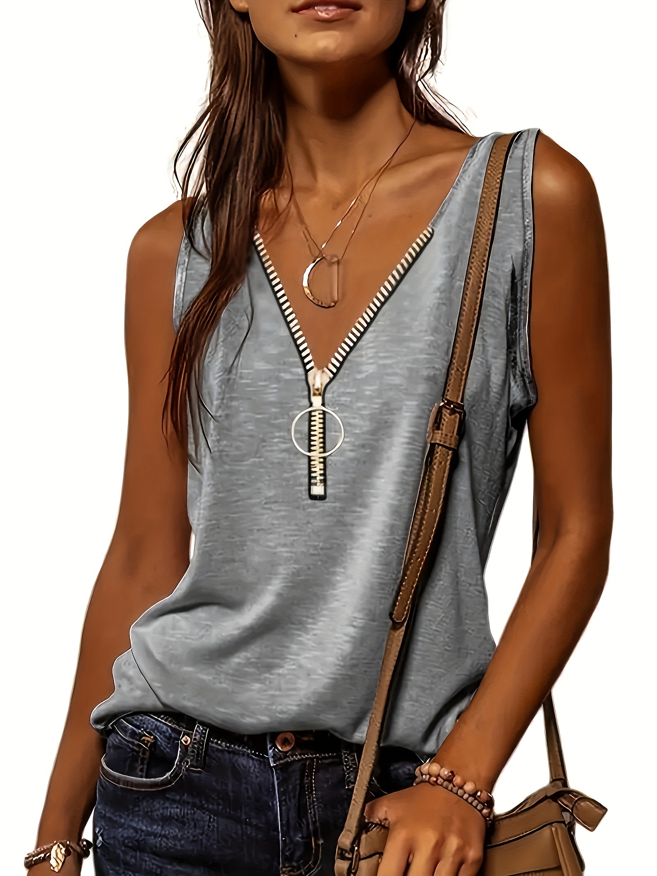 half zip solid tank top casual sleeveless summer tank top womens clothing details 0