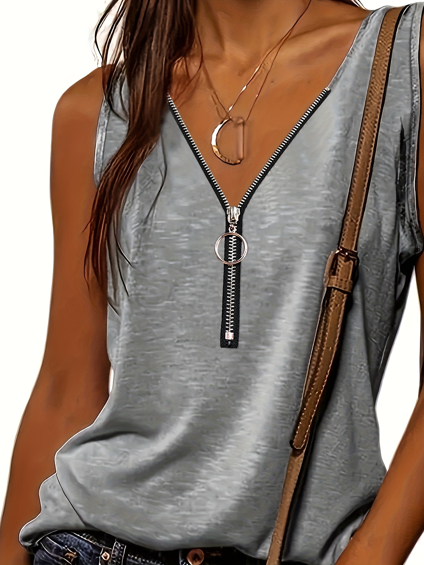 half zip solid tank top casual sleeveless summer tank top womens clothing details 29