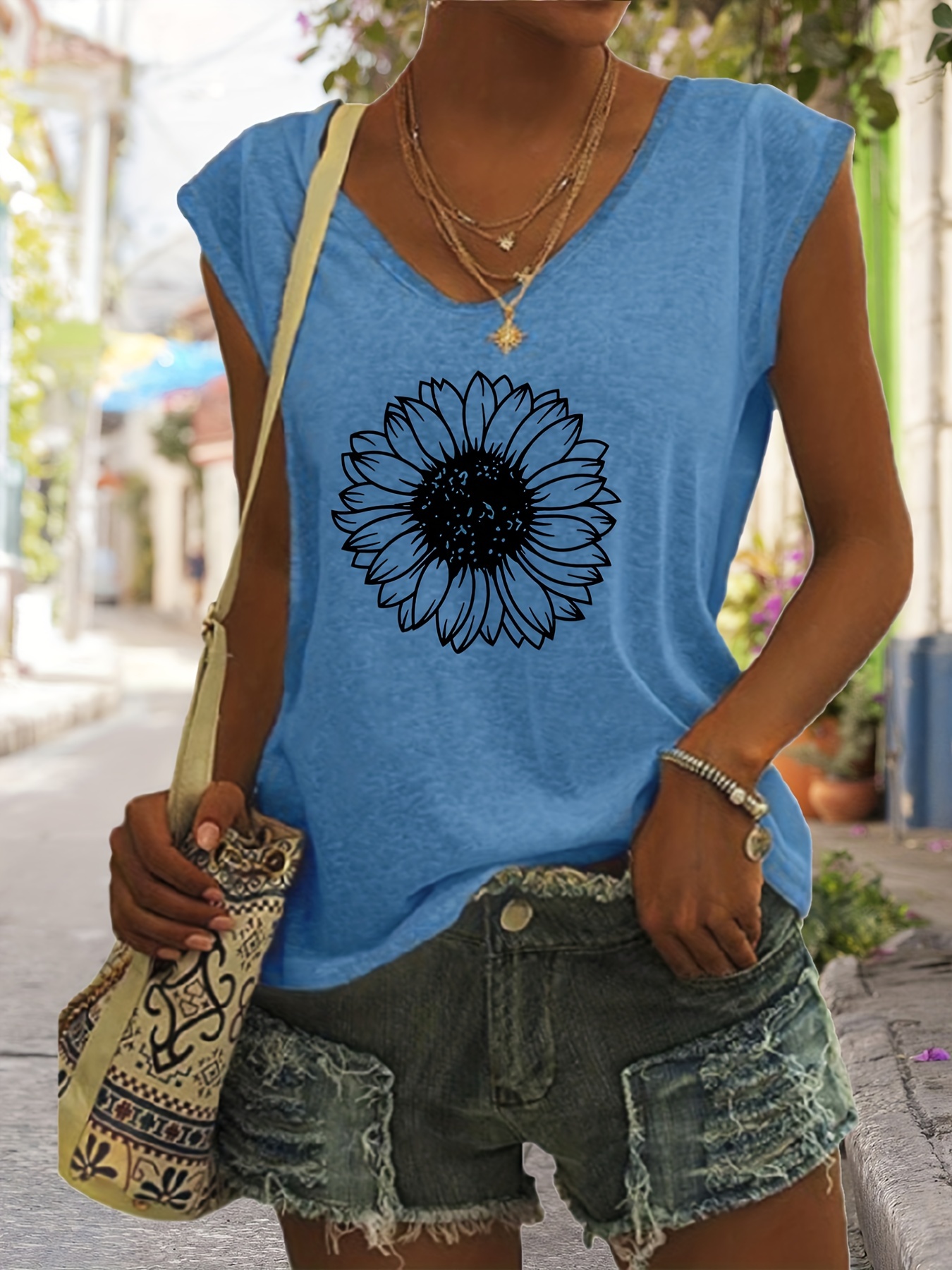 sunflower print v neck tank top casual sleeveless tank top for summer womens clothing details 25