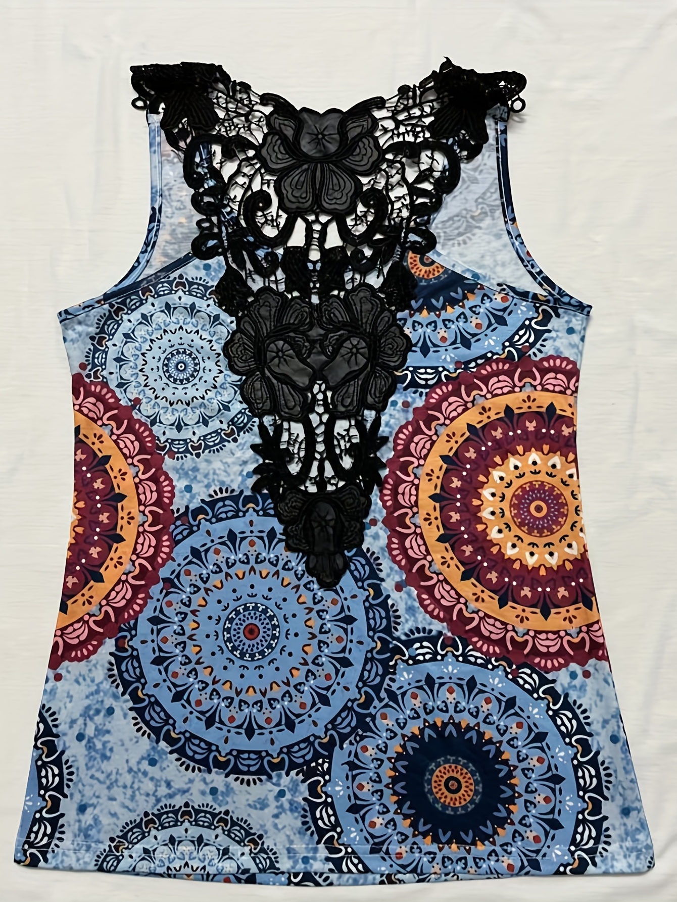 graphic print contrast lace tank top casual crew neck sleeveless tank top for summer womens clothing details 3