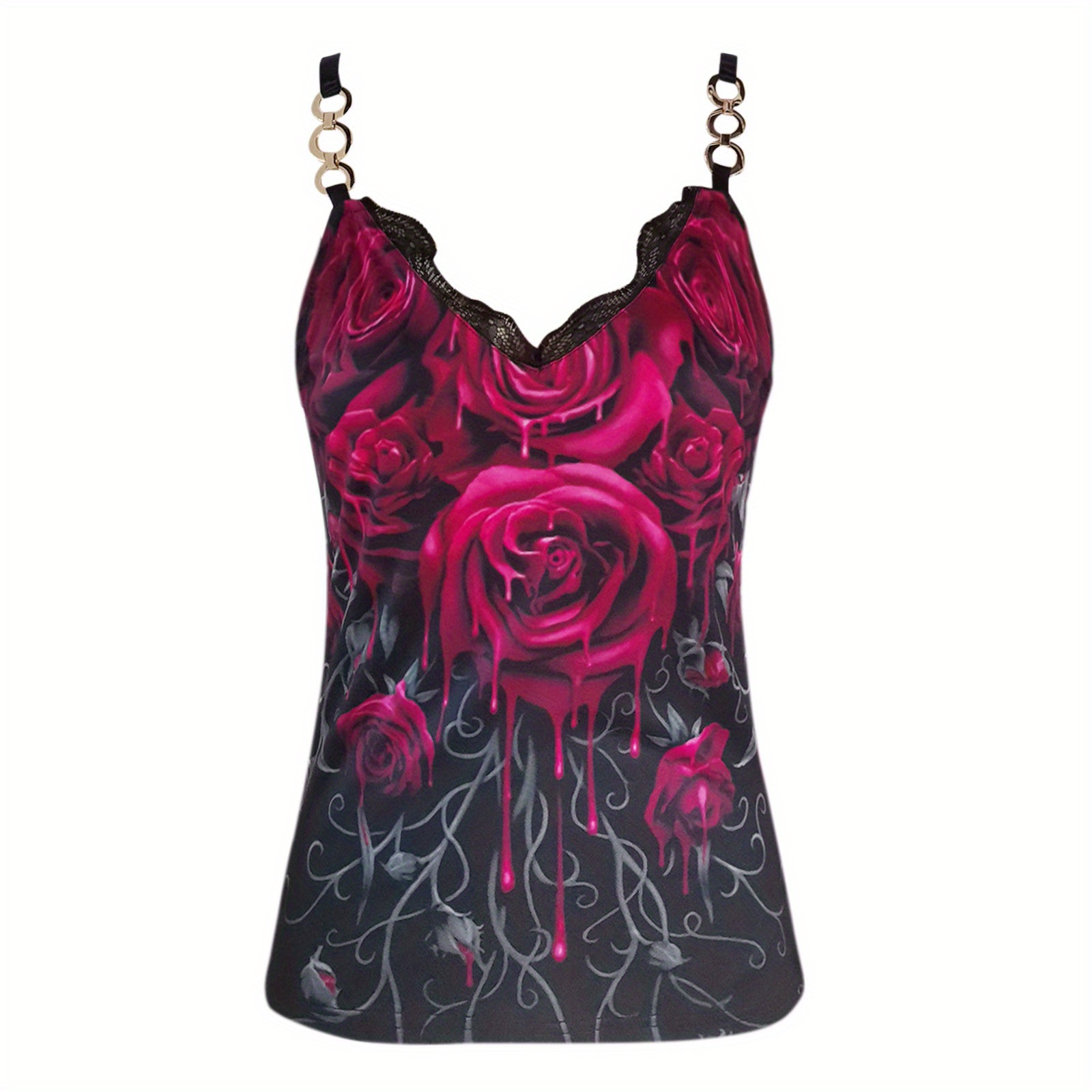 floral print chain linked top sexy contrast lace summer sleeveless top womens clothing details 4