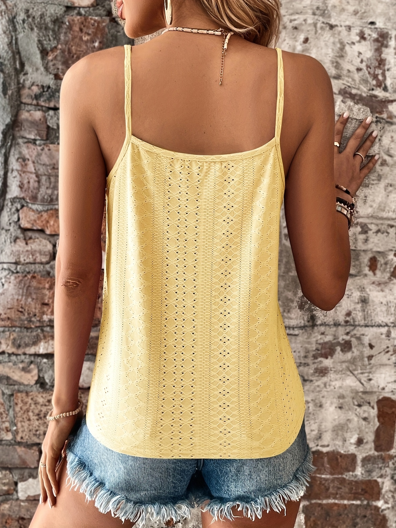 eyelet contrast lace cami top casual v neck spaghetti strap top for summer womens clothing details 27