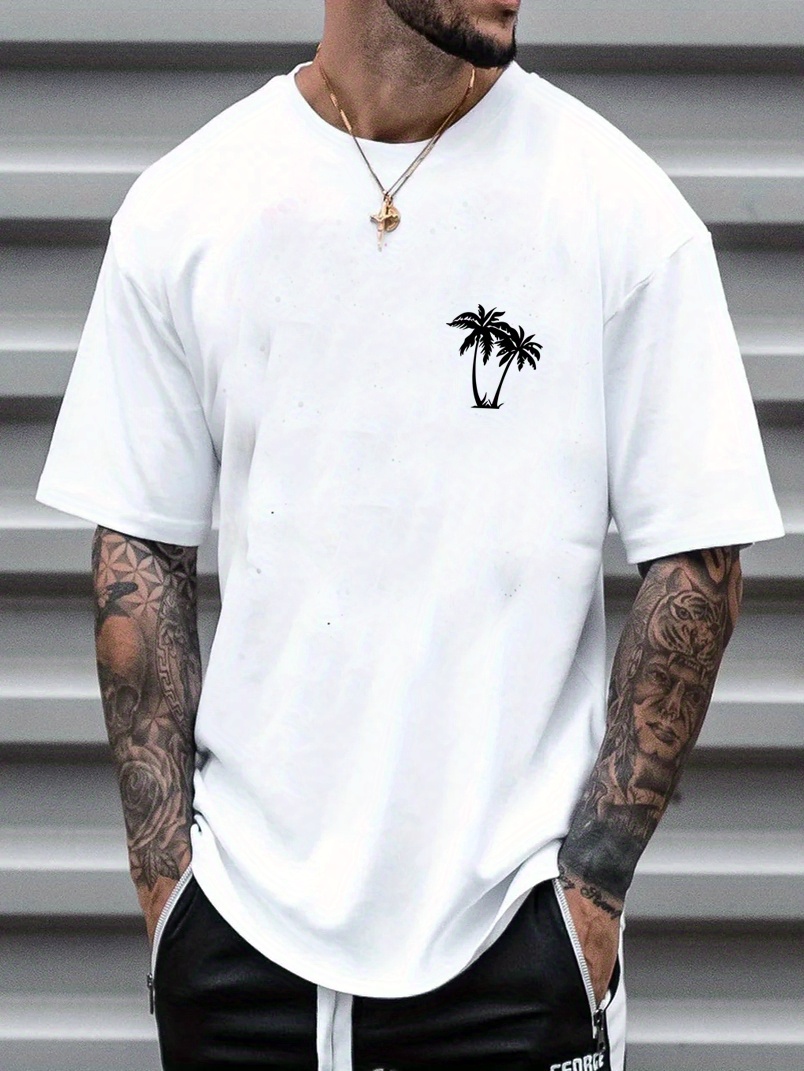 sketch style palm tree pattern top casual mid stretch short sleeve crew neck graphic t shirt mens tee for summer outdoor details 2