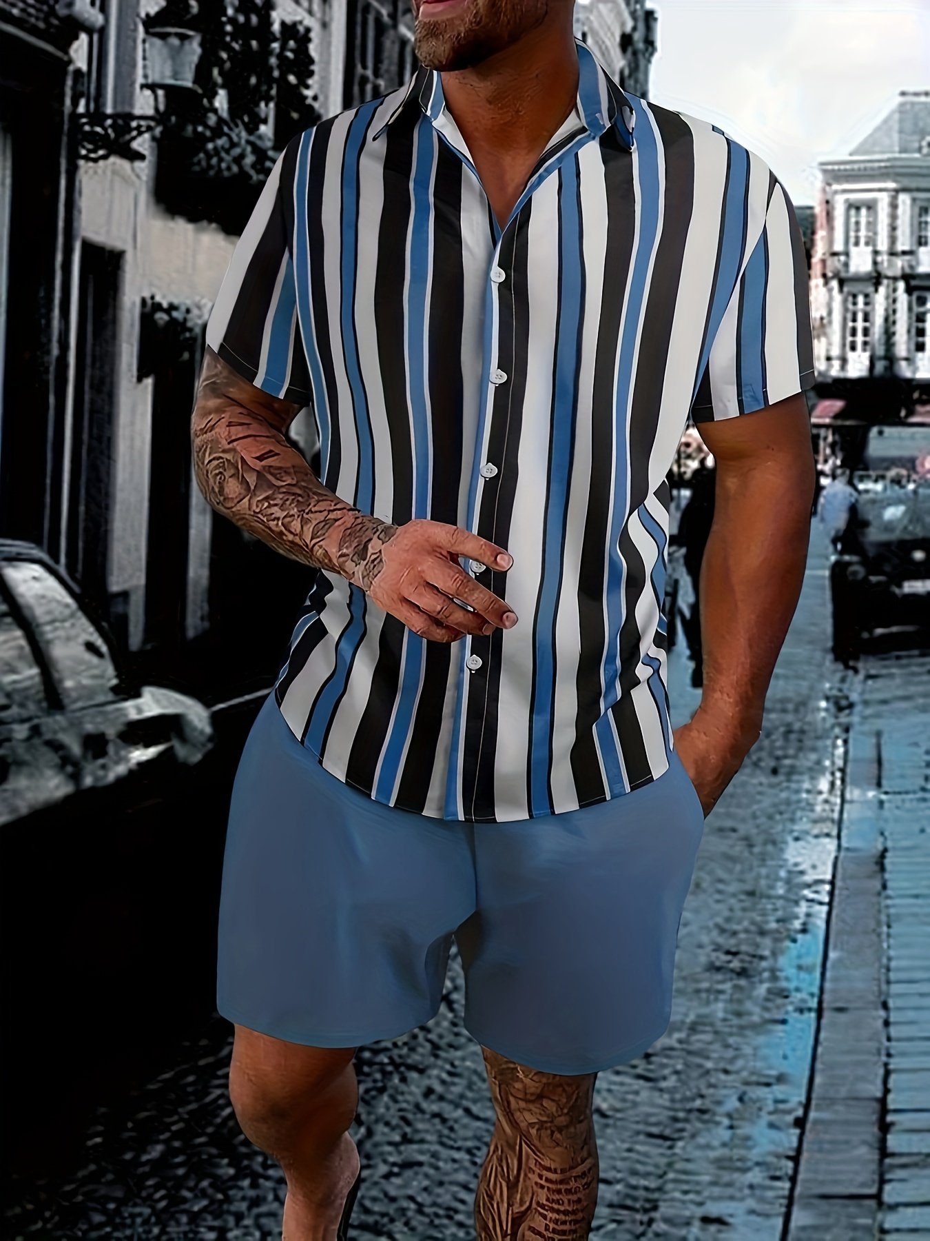 2pcs mens stripe pattern color block short sleeve button shirt loose shorts mens casual outfit for summer vacation details 5