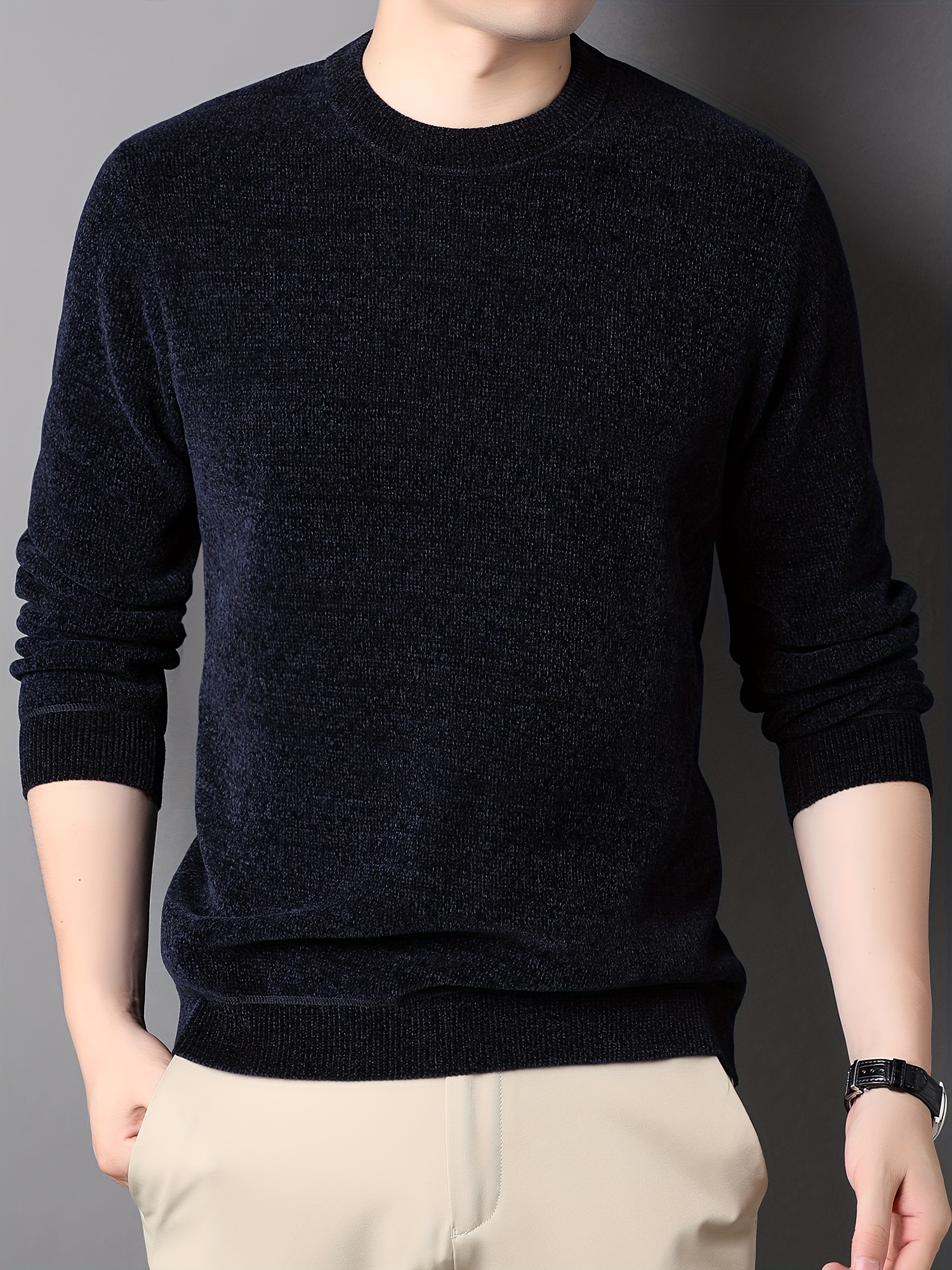 mens stylish solid knitted pullover casual high stretch breathable long sleeve crew neck top for city walk street hanging outdoor activities details 2