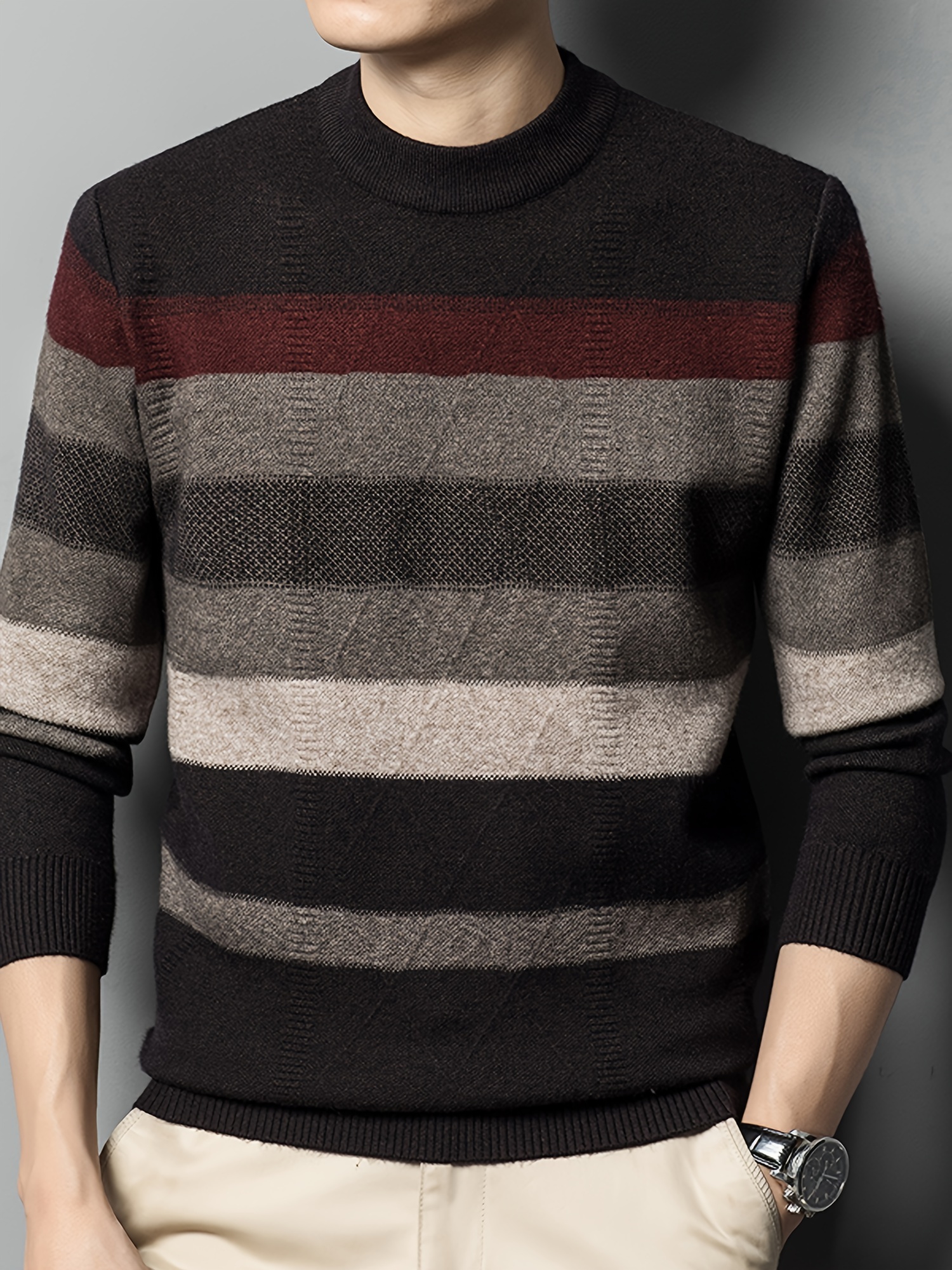 all match knitted color block sweater mens casual warm high stretch crew neck pullover sweater for men fall winter details 3