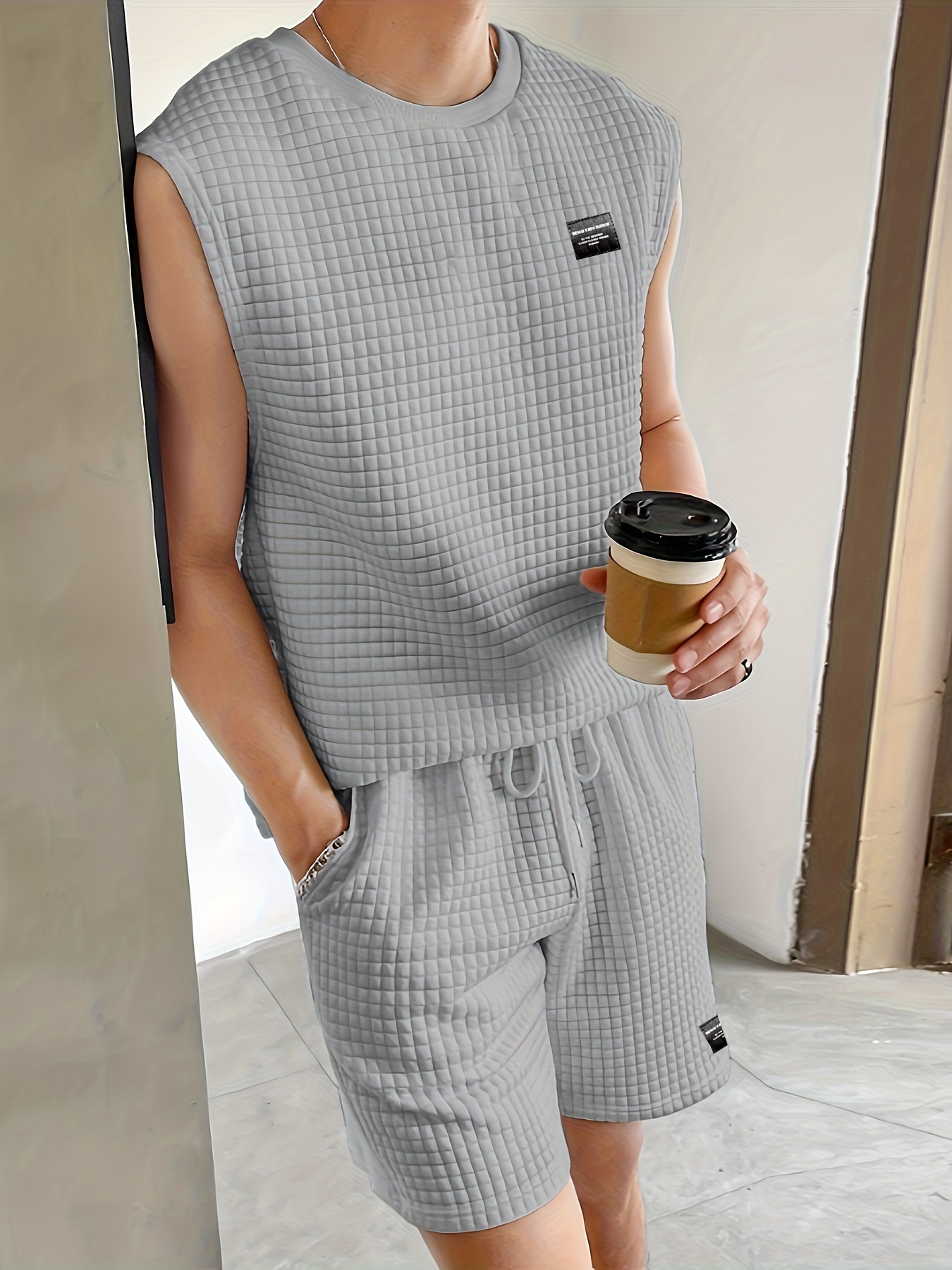 mens 2 piece outfits waffle pattern casual graphic tanktop and loose drawstring shorts set mens clothing details 0