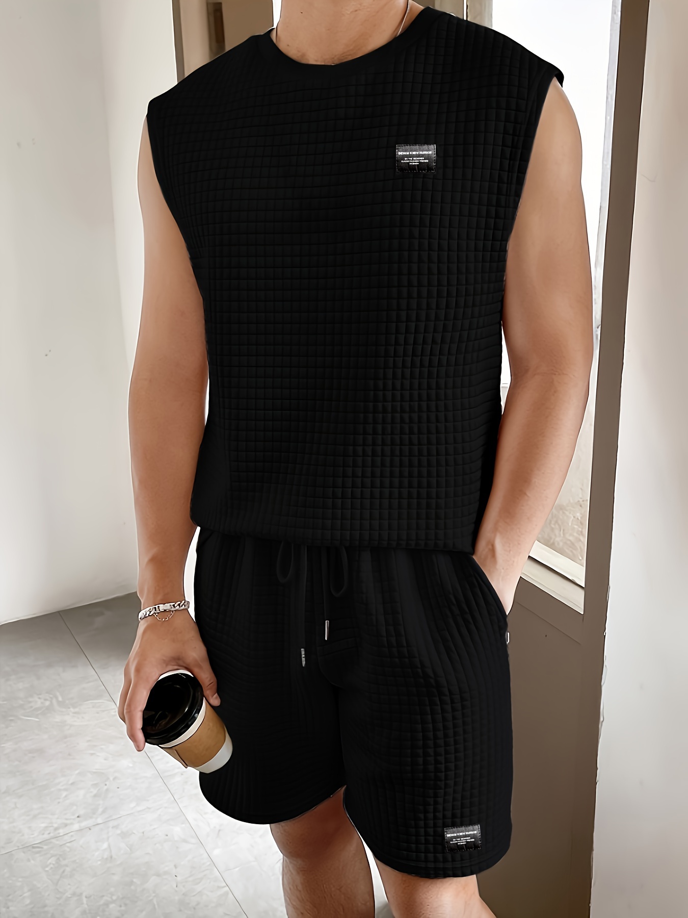 mens 2 piece outfits waffle pattern casual graphic tanktop and loose drawstring shorts set mens clothing details 9