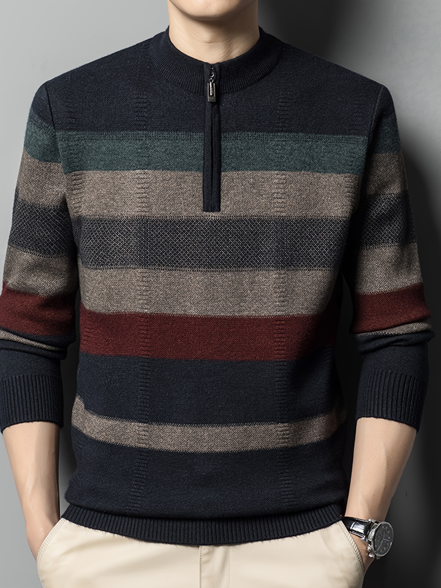 all match knitted striped sweater mens casual warm high stretch half zipper pullover sweater for men fall winter details 0