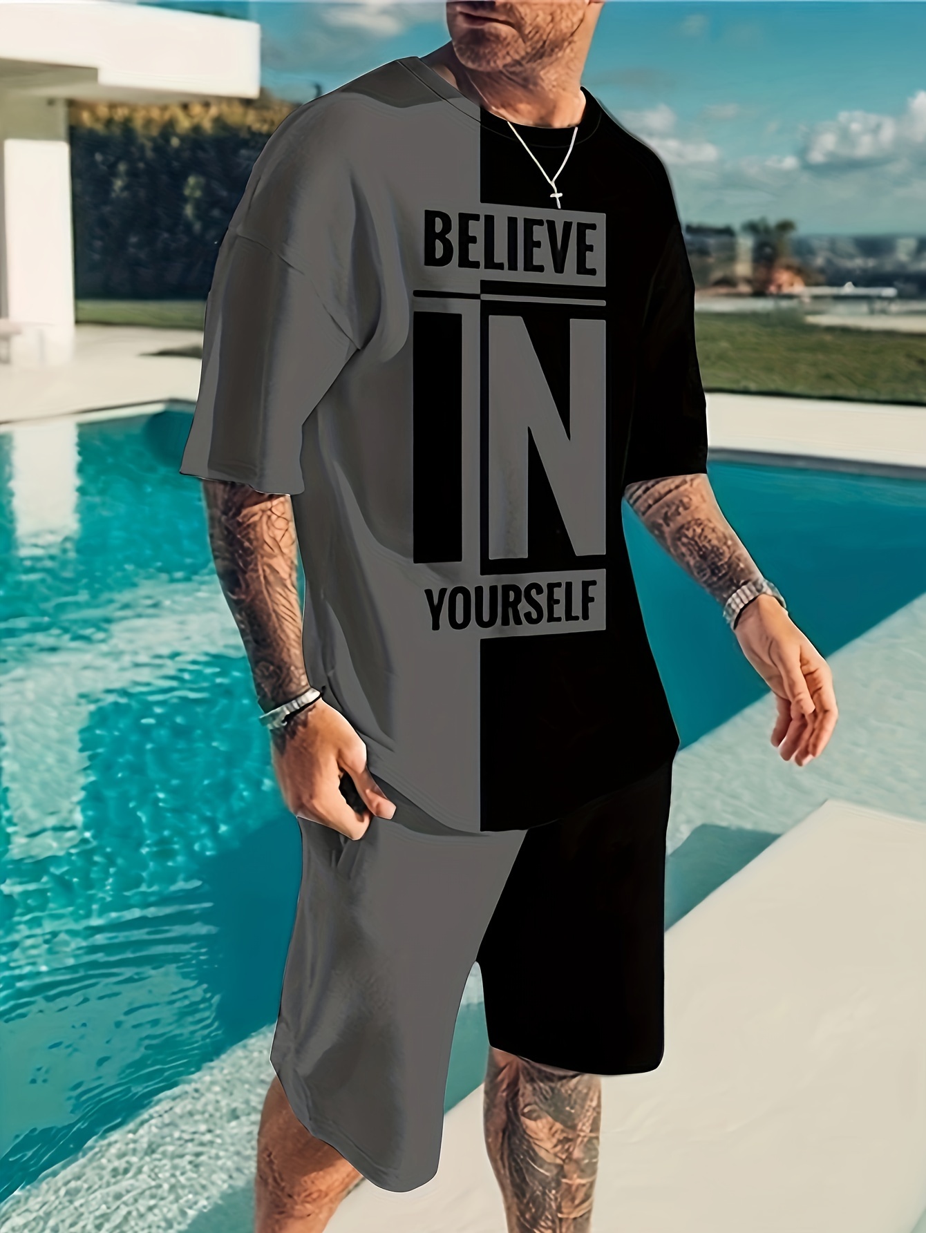 believe in yourself print mens 2pcs outfits casual crew neck short sleeve t shirt and drawstring shorts set for summer mens clothing details 9