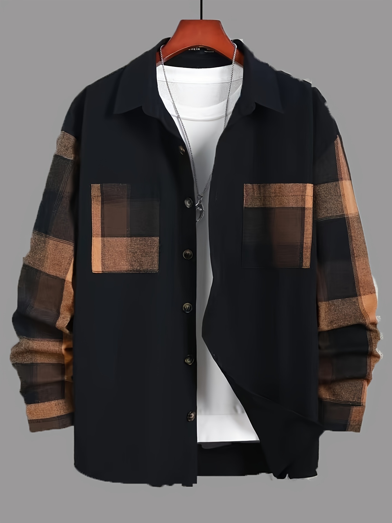 mens plaid long sleeve turndown collar shirt trendy comfy shirt for spring autumn details 0