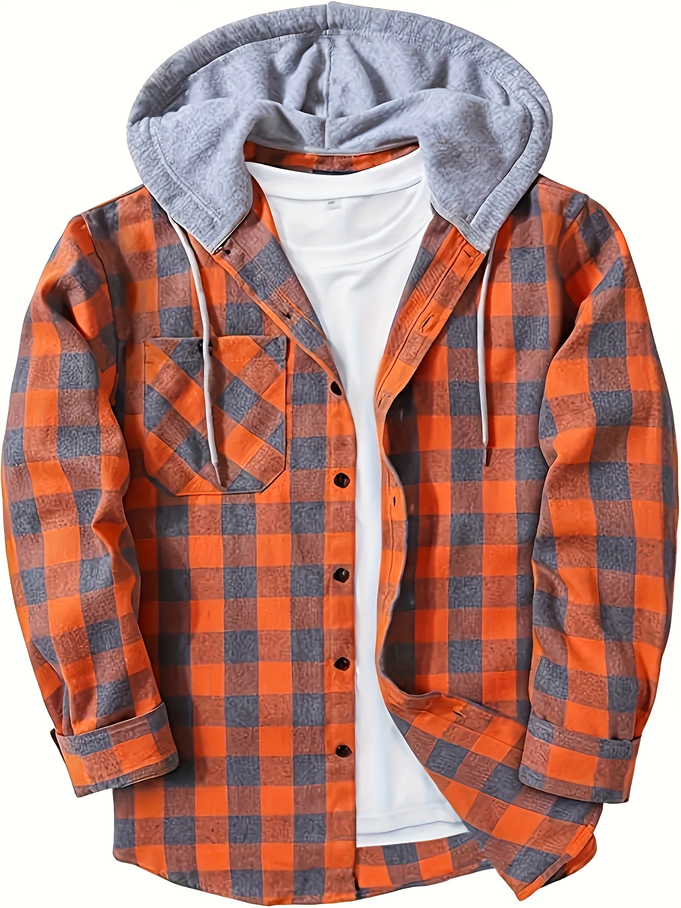 plaid pattern mens long sleeve hooded shirt with chest pocket drawstring mens casual spring fall clothing details 0