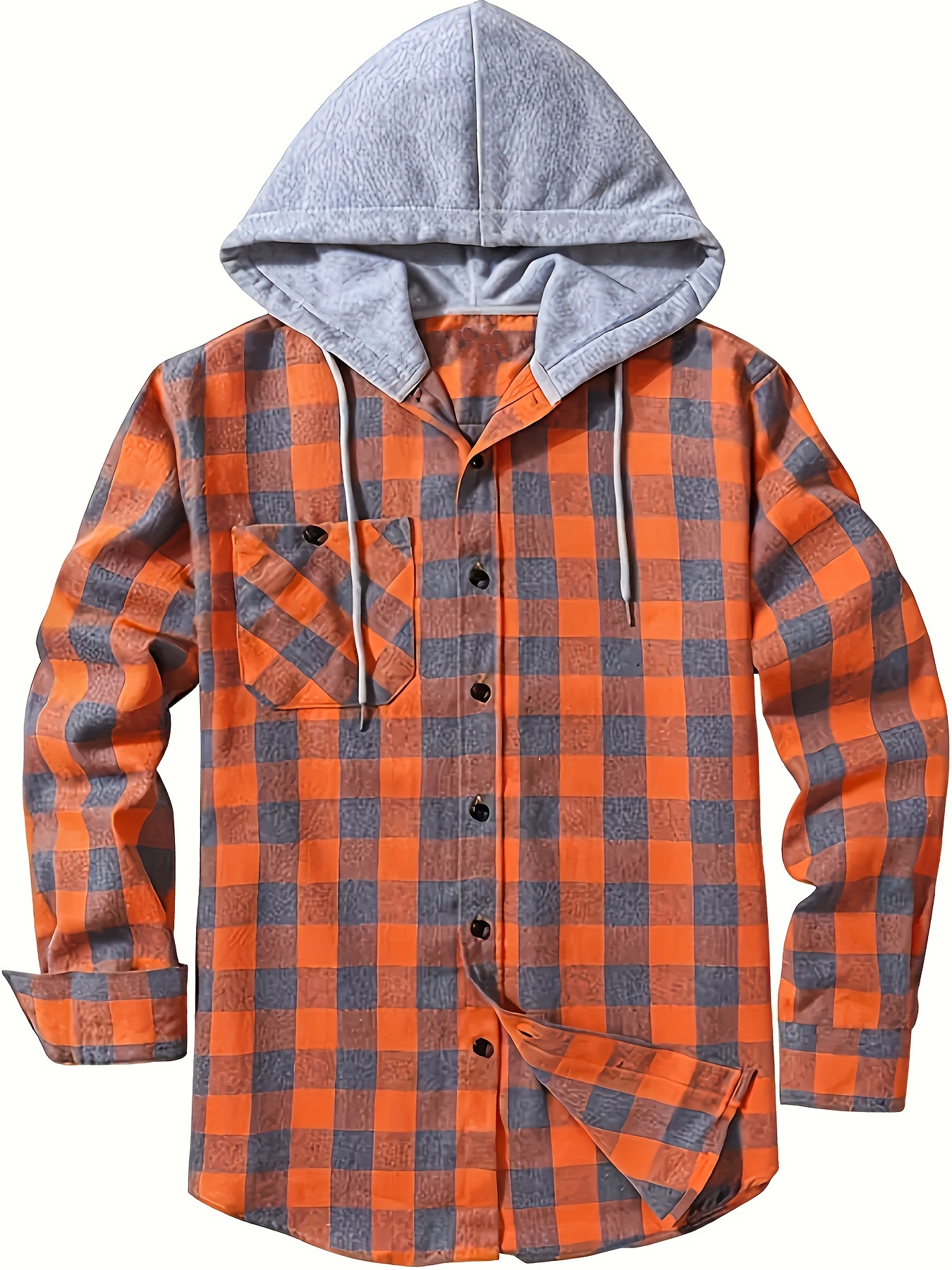 plaid pattern mens long sleeve hooded shirt with chest pocket drawstring mens casual spring fall clothing details 2