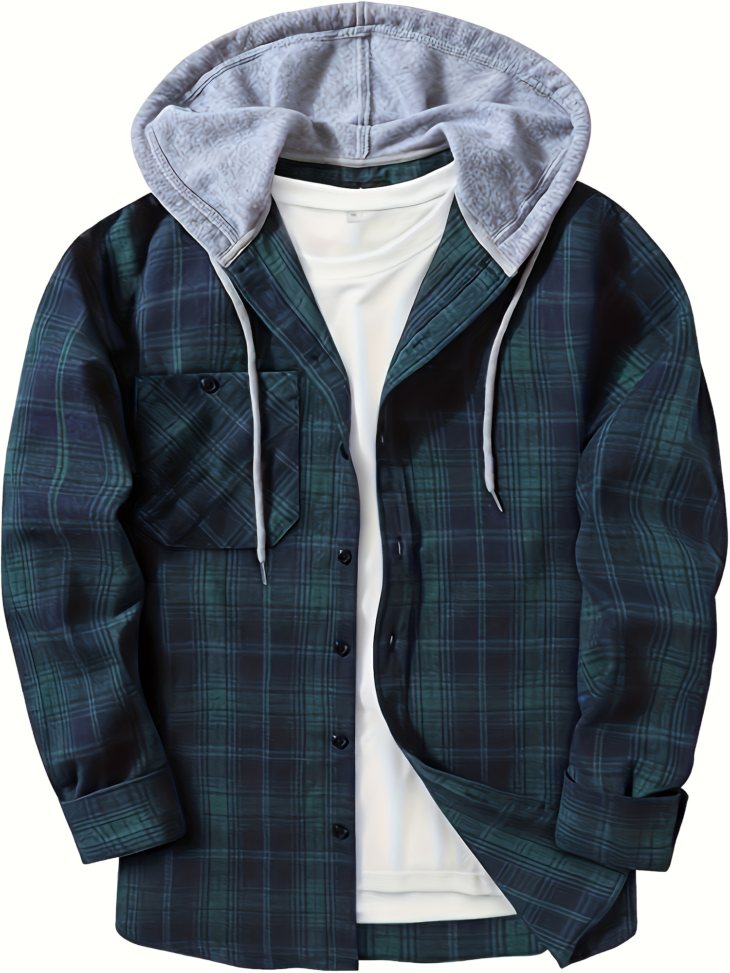 plaid pattern mens long sleeve hooded shirt with chest pocket drawstring mens casual spring fall clothing details 25