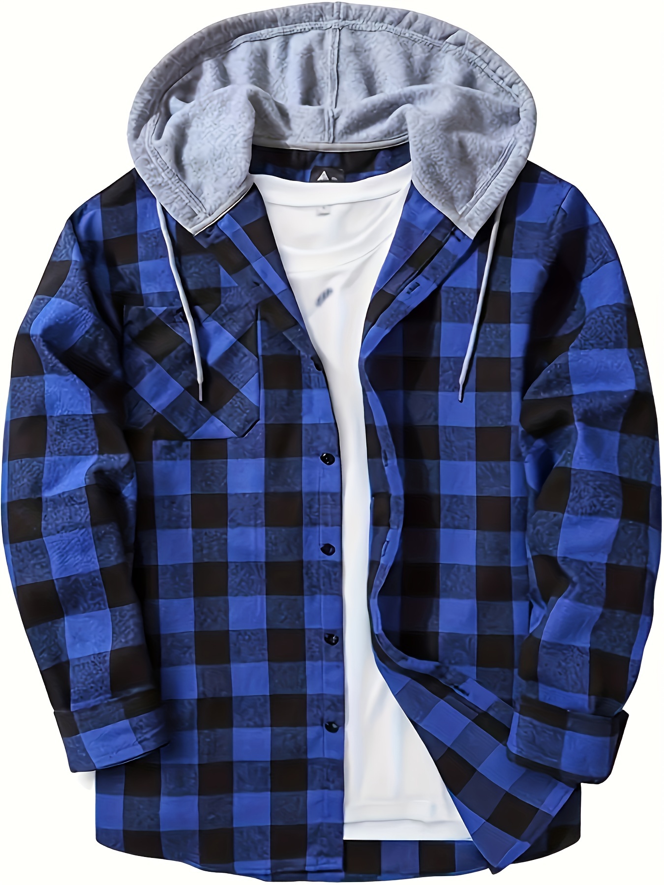 plaid pattern mens long sleeve hooded shirt with chest pocket drawstring mens casual spring fall clothing details 41