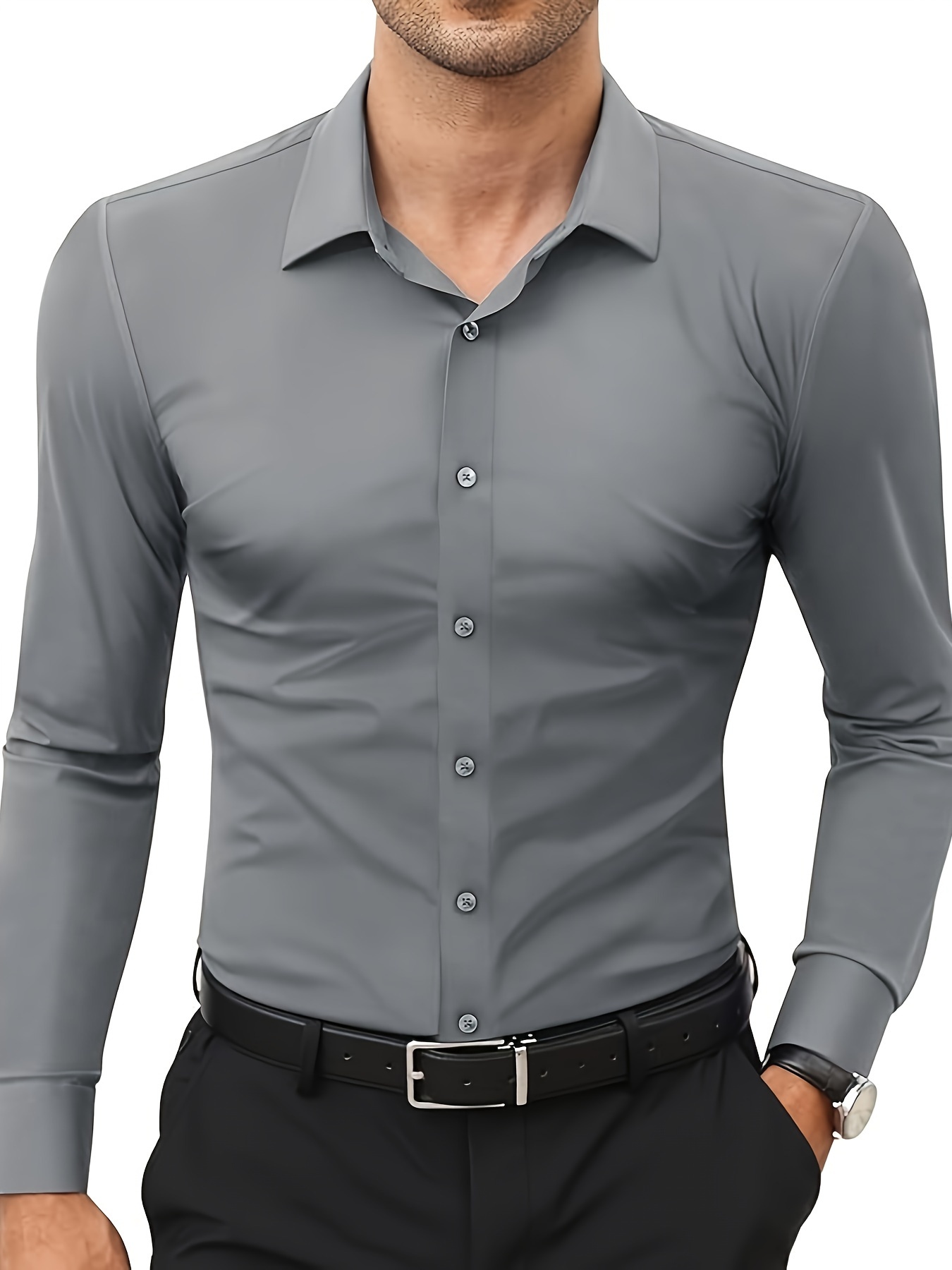 basic solid mens daily stretch formal dress mens slim fit long sleeve button up shirt spring fall details 15