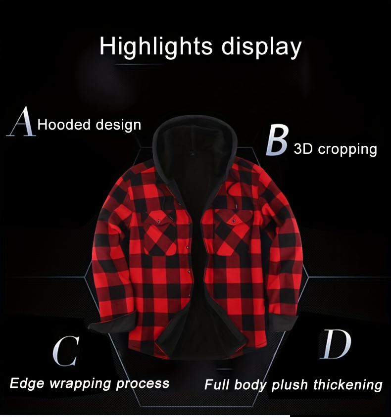 plaid pattern mens casual thick long sleeve hooded shirt with pockets mens button up shirt for fall winter details 3