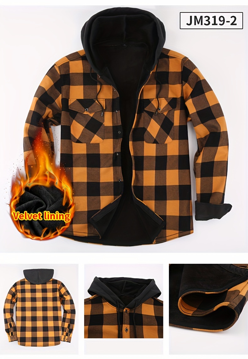 plaid pattern mens casual thick long sleeve hooded shirt with pockets mens button up shirt for fall winter details 6